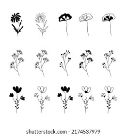 Floral elements and flowers, twigs and leaves set. Vector silhouettes of flowers.