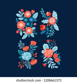 Floral elements. Folk style flowers, leaves and berries.