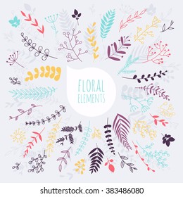 Floral elements. Hand drawn design elements. Collection of spring flowers, leaves, dandelion, grass. Design for invitation, wedding or greeting cards.