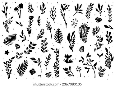 Floral Elements. Hand sketched vector vintage elements.Vector Hand drawn flower and leaf elements. Linocut style