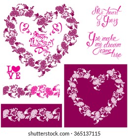 Floral elements: heart frame, seamless border with flowers, calligraphic hand drawn text Happy Valentines day, Design for holidays, greeting cards, invitations, posters, prints.