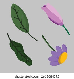 Floral Elements Leaves and Purple Flowers in Artistic Illustration