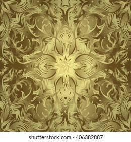 Floral elements on golden background.