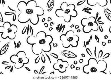 Floral elements on white background. Seamless pattern with flowers drawn with black brush strokes. Monochrome handmade botanical ornament lineart. Ink paints simple flowers, leaves, strokes. 