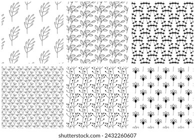 Floral elements seamless pattern set. Six textured natural backgrounds. Flowers, berries and leaves repeat on white. Vector illustration.