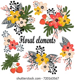 Floral elements set.  Colorful flowers, leaves and branches collection. Spring or summer design for invitation, wedding or greeting cards. Vector illustration.