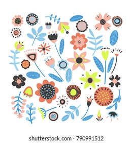 Floral elements set. Flower head, petals, leaves and branches. Fantasy folk hand drawn design elements. Colorful flat cartoon vector illustration. 