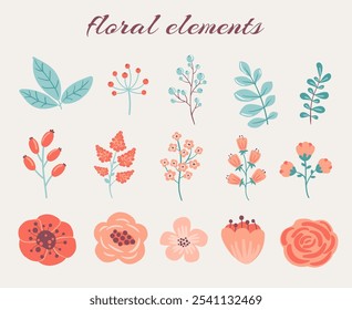 Floral elements set. Flowers, berries and leaves