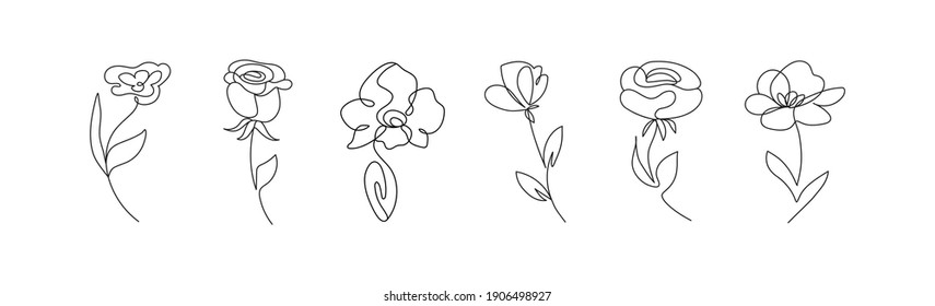 Floral elements set.set of hand drawn, single continuous line flowers. Hand Drawn flowers Floral elements set.set of hand drawn, single continuous line flowers. Collection of flowers in one line