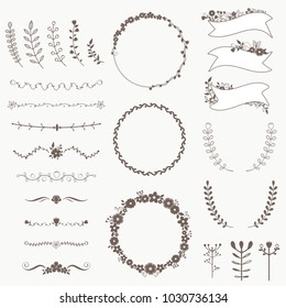 Floral Elements Set. Includes Wreaths, Laurels, Dividers and Ribbons in Brown Color.