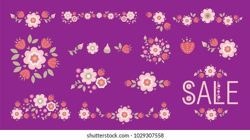 Floral elements set. For invitations, seasonal greetings, wedding, international women's day, mother's day, birthday. Vector illustration. Sale typography composition with floral decor