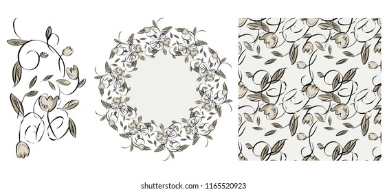 Floral Elements Set with Wreath and Seamless Pattern. Vector Illustration.