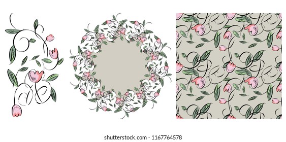 Floral Elements Set with Wreath and Seamless Pattern. Vector Illustration.