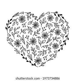 Floral elements in the shape of a heart. Chamomiles, tulips, spring twigs and leaves in doodle style. Vector hand-drawn illustration. Template for the design of greeting cards, invitations, covers.