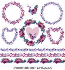 Floral elements: three round wreaths, three endless pattern brushes, hearts elements and isolated objects