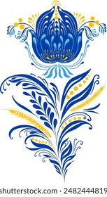 Floral elements of Ukrainian traditional ornament. Petrikovskaya painting. Ukraine's Independence Day. Stay with Ukraine. Thank you for supporting my country