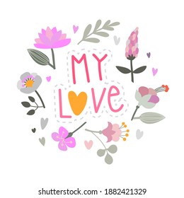 Floral elements for Valentine's Day. Isolated vector flowers, leaves, lettering for stickers, cards, invitation