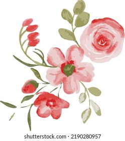 Floral elements vector clipart. Flowers decoration illustration of red rose flowers, Romantic botanical elements for wedding or greeting card design. Hand painted watercolor red floral bouquet