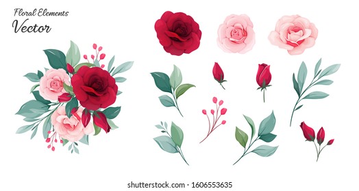 Floral elements vector. Flowers decoration illustration of red and peach rose flowers, leaves, branches. Romantic botanic elements for wedding or greeting card design