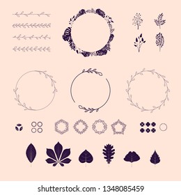 Floral elements, vector set. Borders, leaves, icons, brushes