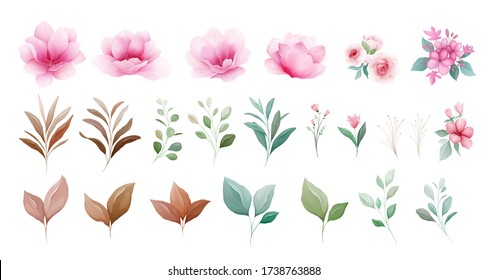 Floral elements vector set. Botanic individual elements of pink and purple flowers, leaf, branch. Botanic illustration for wedding, greeting card, or logo composition vector