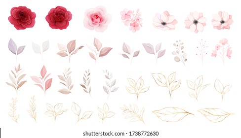 Floral elements vector set. Botanic individual elements of red & peach roses, and white anemone flowers, leaf, branch. Botanic illustration for wedding or logo composition vector