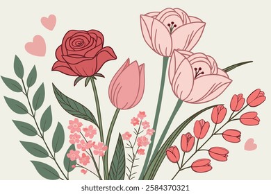 Floral elements vectors of roses tulips and other