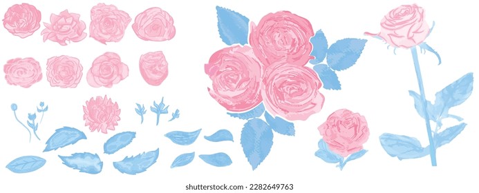 Floral elements, wedding concepts, arrangements collection includes red, burgundy, navy blue, and pink roses, watercolor, ranunculus, anemone, vintage leaves, flowers and branches. Set of floral