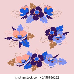Floral elements for wedding invitations and cards. Poppy with tender leaves and twigs.