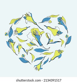 The floral elements are yellow and blue with a black outline. Floral elements are laid out in the shape of a heart.
