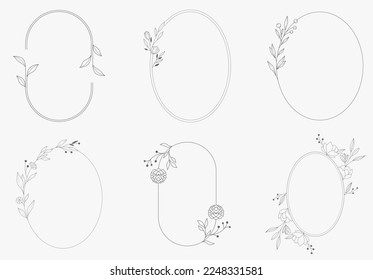 Floral and ellipse hand drawn style. Floral black and white frame of twigs, leaves and flowers. Frames for the Valentine's day, wedding decor, logo and identity template.