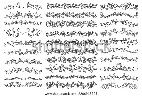 Floral embellishments. Borders and dividers. Wedding\
and invitation card floral embellishments, certificate flourish\
vector dividers with plant sprigs and flowers, herbs twigs, leaves\
and buds