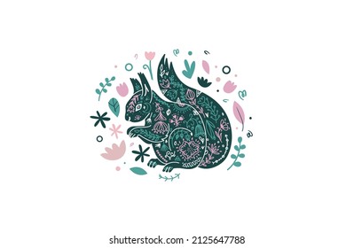 Floral emblem with squirrel . Cute forest animal squirrel with fluffy tail scandi style. Vector funky print with squirrel animal in simple minimal style, magical and floral symbols and signs.