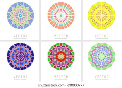 Floral emblems, round decorative ornaments, bright colorful mandala patterns set, eastern, islamic, muslim, indian circular symbols collection.