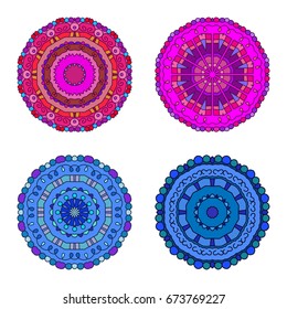 Floral emblems, round decorative ornaments isolated on white, bright colorful mandala patterns set, eastern, islamic, muslim, indian circular symbols collection. 