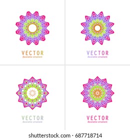 Floral emblems, round decorative ornaments, bright colorful mandala patterns set, eastern, islamic, muslim, indian circular symbols collection.