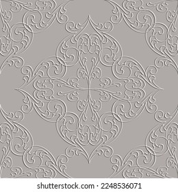 Floral emboss 3d Damask seamless pattern. Vector ornamental embossed background. Repeat relief backdrop. Floral vintage flowers. Surface Baroque style ornaments. Line art tracery textured design.