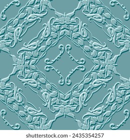 Floral emboss Baroque 3d seamless pattern. Embossed blue background. Textured repeat backdrop. Surface Arabesque Damask ornaments. Relief 3d vintage flowers, leaves. Grunge embossing endless texture.