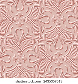 Floral emboss greek 3d seamless pattern. Embossed pink background. Textured repeat backdrop. Surface greek key meanders ornaments. Relief 3d vintage flowers, leaves. Grunge embossing endless texture.