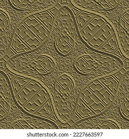Líneas de entrelazado floral 3d patrón sin soldadura. Fondo dorado adornado ornamental. Resumen de hermosos adornos texturados de arte de línea. Las líneas gruesas son flores. Repetir el fondo de la superficie. Textura de relieve infinita.