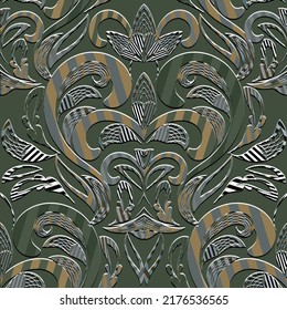 Floral emboss striped 3d seamless pattern. Embossed green background. Textured repeat backdrop. Surface Baroque Damask ornament. Relief 3d vintage flowers, leaves, stripes. Grunge embossing texture.