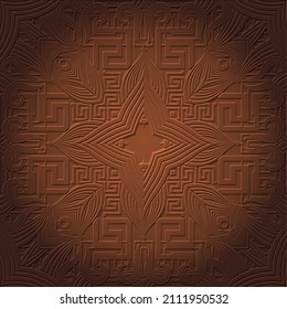 Floral embossed 3d seamless pattern. Vector abstract geometric textured background. Line art relief emboss flowers, stripes, leaves, shapes. Greek key frames, borders. Beautiful surface 3d ornaments.