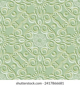 Floral embossed 3d seamless pattern. Patterned surface emboss background. Greek meander round mandala. Vector repeat relief arabesque ornaments. Floral design with flowers, leaves, swirl lines, dots.