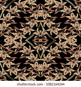 Floral embroidery Baroque vector seamless pattern. Vintage abstract grunge background. Tapestry antique flowers, scroll leaves, gold rhombus frames. Embroidered decorative flourish ornaments.