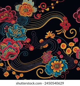 Floral embroidery colorful textured sealess pattern in traditional japanese chinese asian ethnic style. Beautiful embroidered flowers, leaves, wavy stitching lines. Ornamental repeat stitch texture.