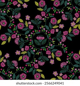 Floral, Embroidery, Dotted Line, Continuous Pattern, Bright Colors, Vintage Style, Sharp, Black Background