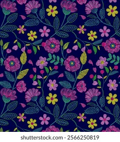 Floral, Embroidery, Dotted Line, Continuous Pattern, Bright Colors, Vintage Style, Sharp, Blue Background, Vector Illustration