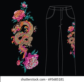 Floral embroidery with dragon in traditional oriental style. Embroidered pink chrysanthemum and golden dragon on a black background. Embroidery for jeans, vertical borders or patches