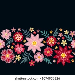 Floral embroidery. Horizontal seamless line with beautiful flowers on black background. Template for greeting and invitations cards with place for text. Fashion design. Vector illustration.