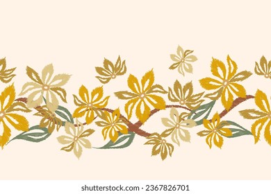 Floral embroidery Ikat border background seamless. Vector illustration. Golden yellow flowers climbing with leaves for printed template decoration fabric, textile, greeting card, wedding invitation.  